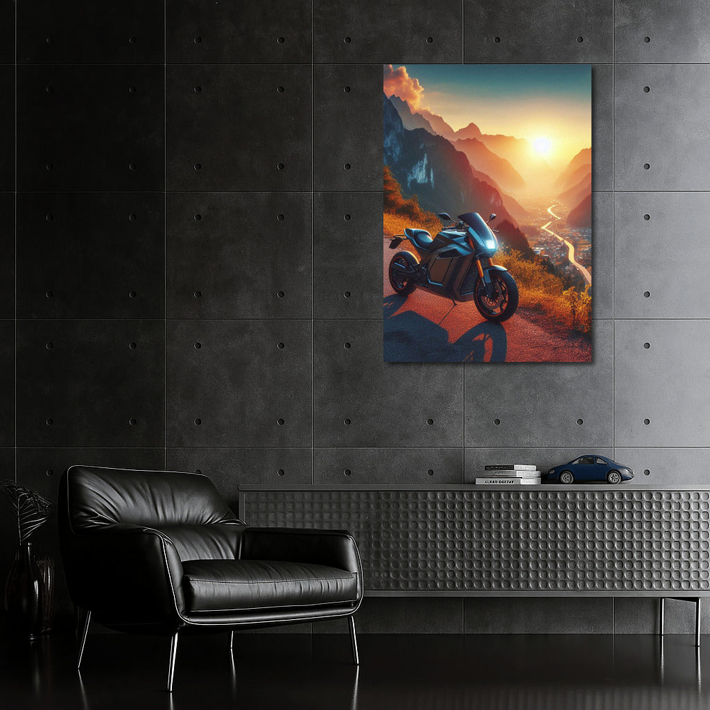 Sunset Freedom: Electric Motorcycle on Mountain Road