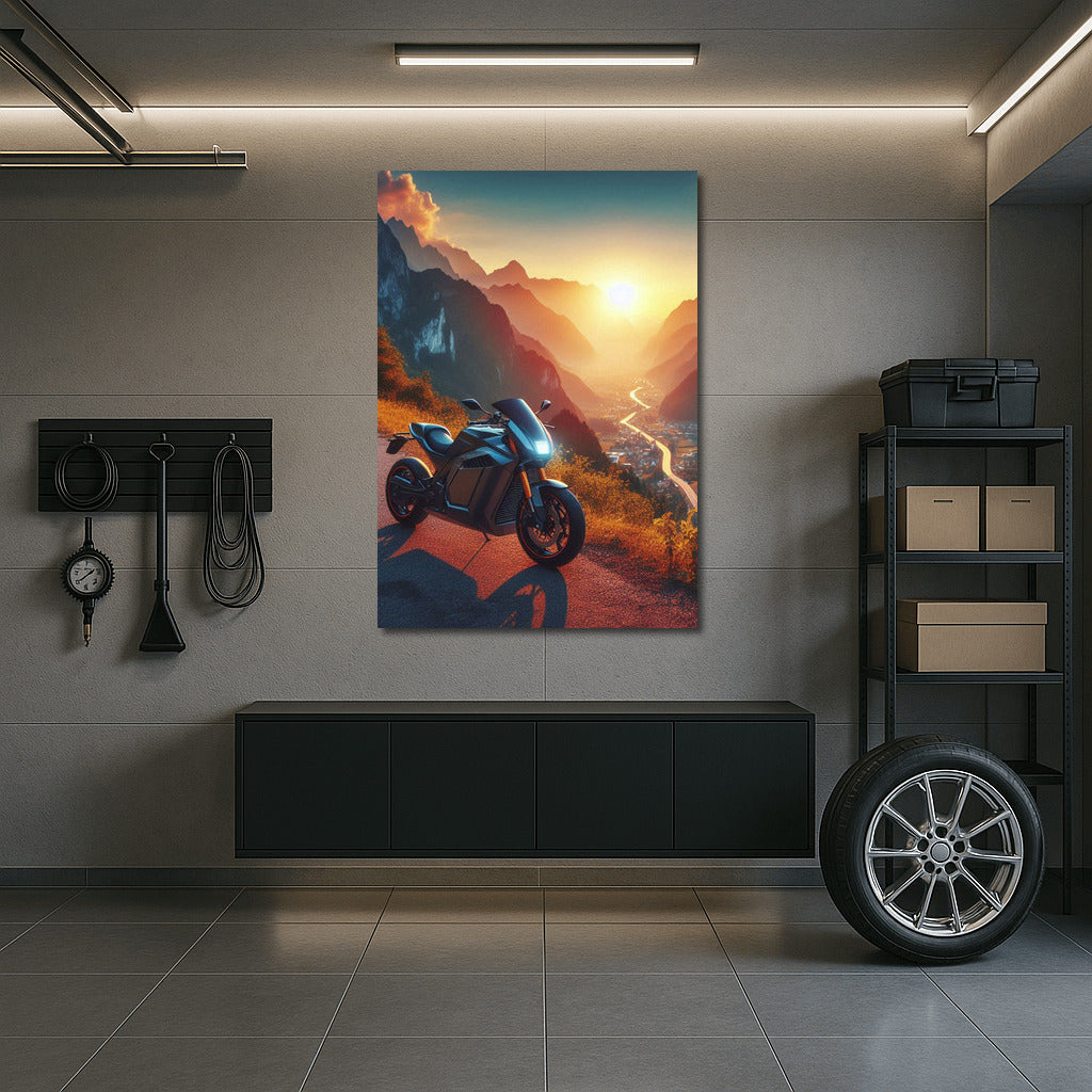 Sunset Freedom: Electric Motorcycle on Mountain Road