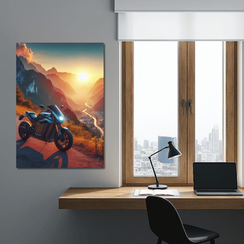 Sunset Freedom: Electric Motorcycle on Mountain Road