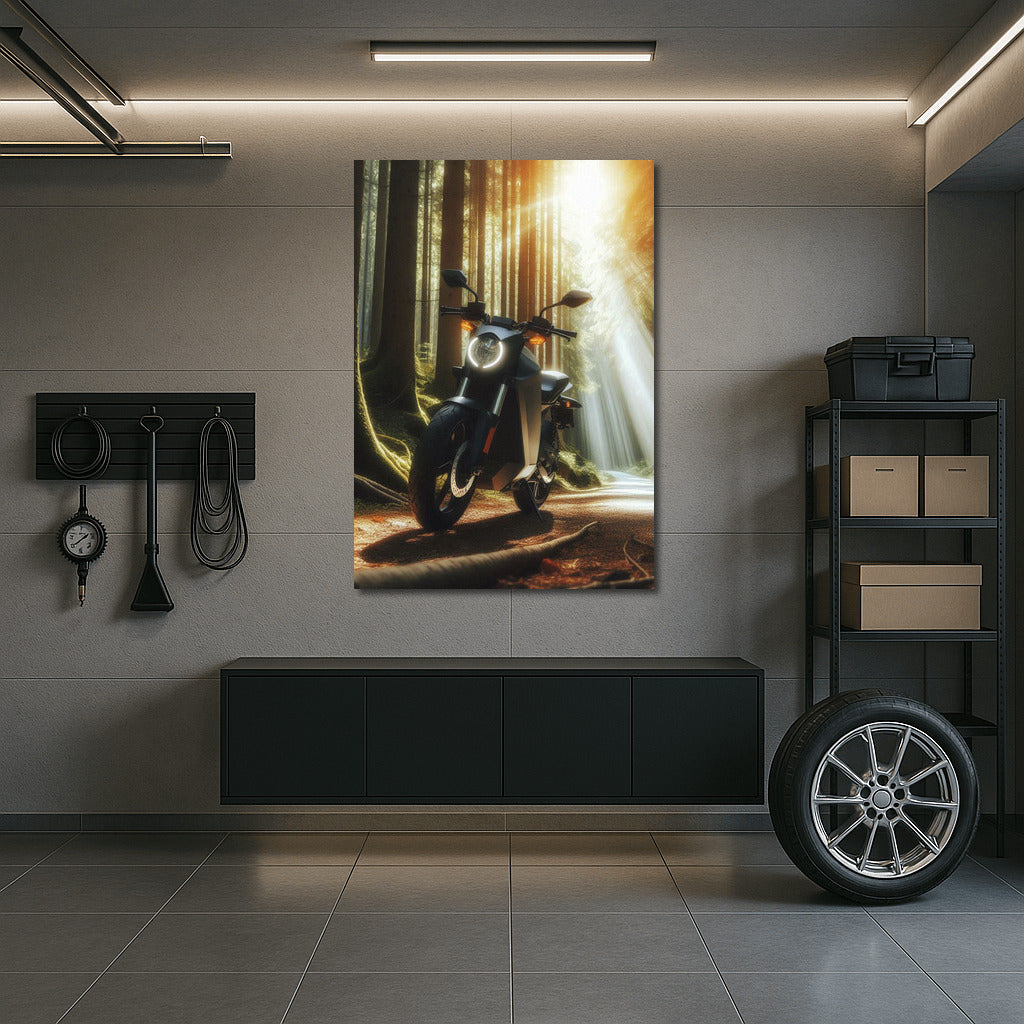 Electric motorcycle on a forest trail: Sun rays through the trees