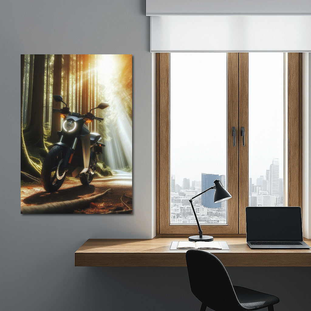 Electric motorcycle on a forest trail: Sun rays through the trees