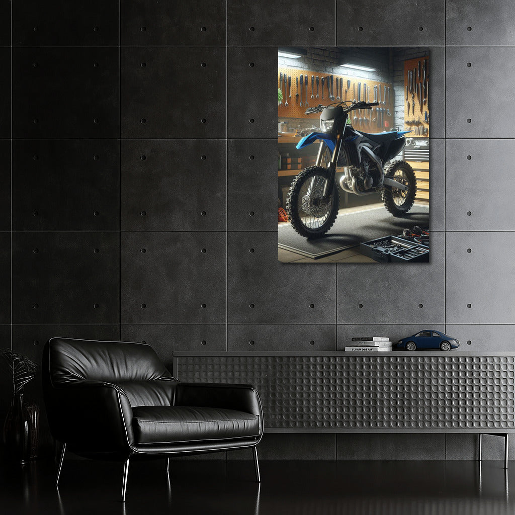 Enduro bike in a stylish workshop: speed and mechanics in detail