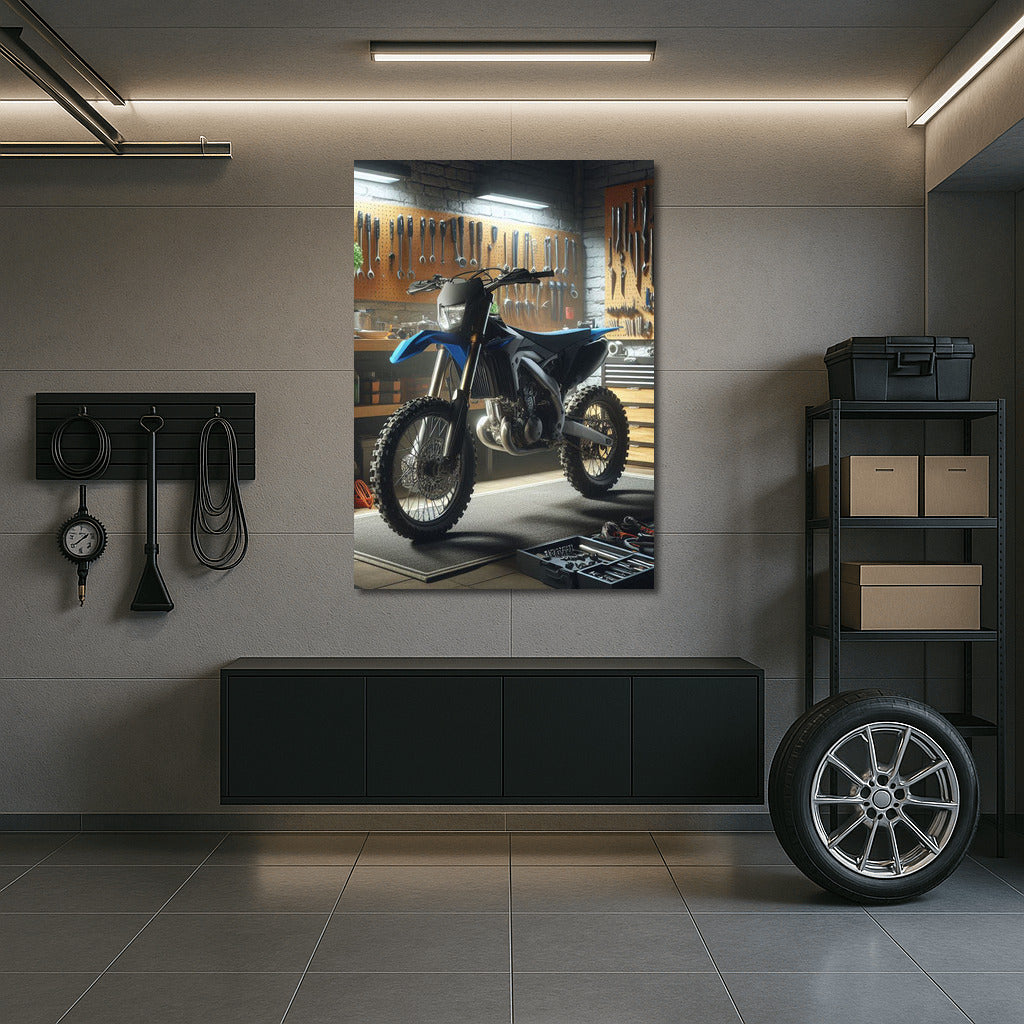 Enduro bike in a stylish workshop: speed and mechanics in detail
