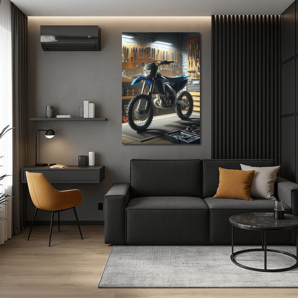 Enduro bike in a stylish workshop: speed and mechanics in detail