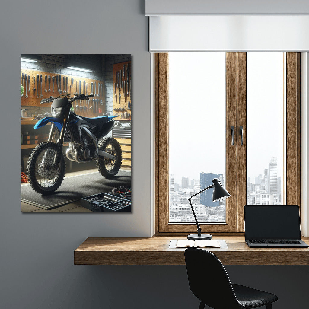 Enduro bike in a stylish workshop: speed and mechanics in detail