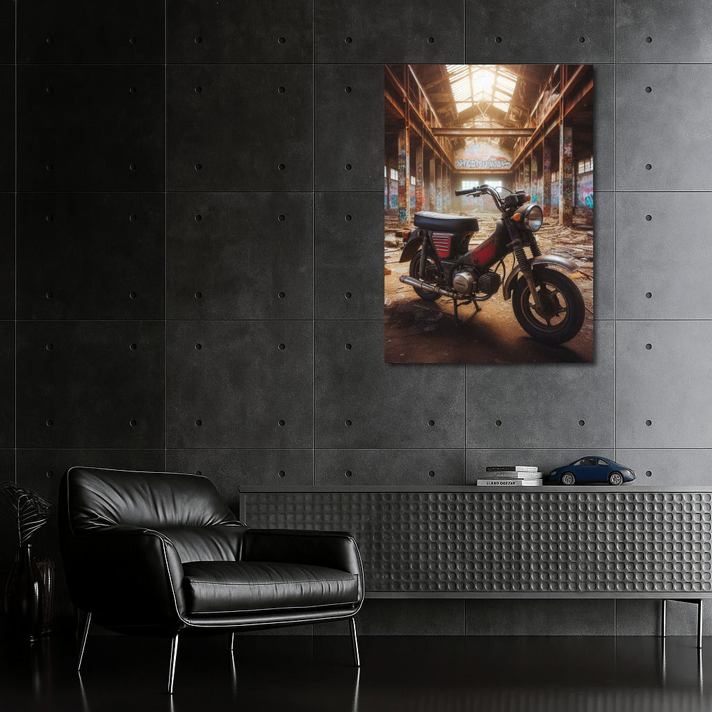 Minibike in Abandoned Warehouse: Graffiti and Dust of Time