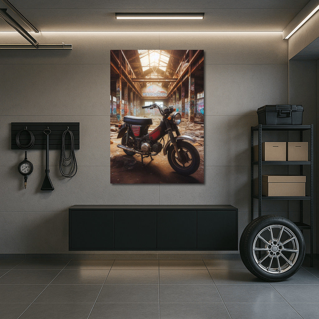 Minibike in Abandoned Warehouse: Graffiti and Dust of Time