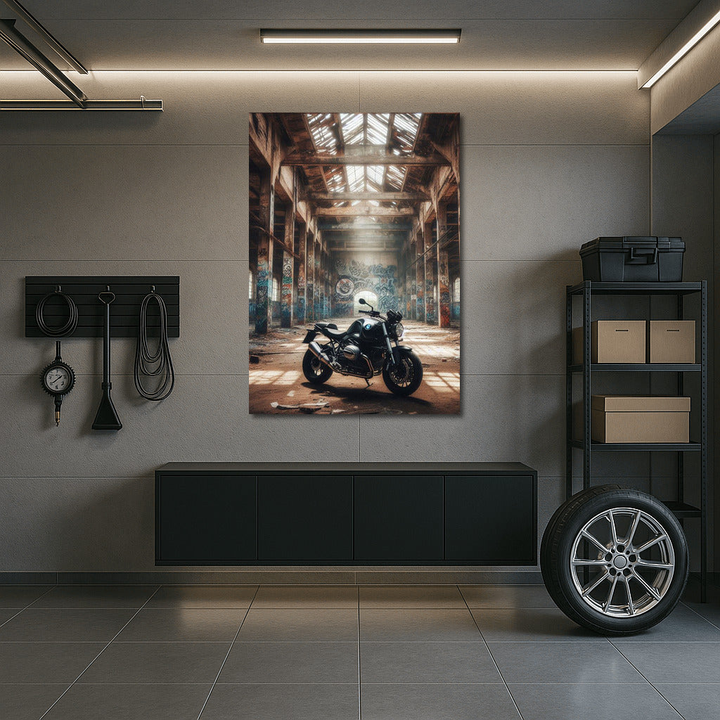 BMW Motorcycle in Abandoned Warehouse: Power and Style