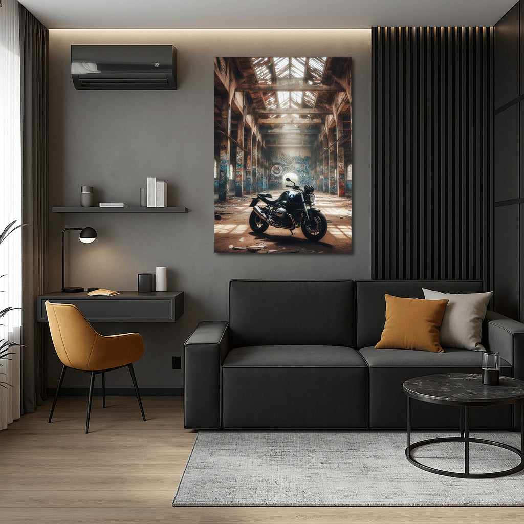 BMW Motorcycle in Abandoned Warehouse: Power and Style