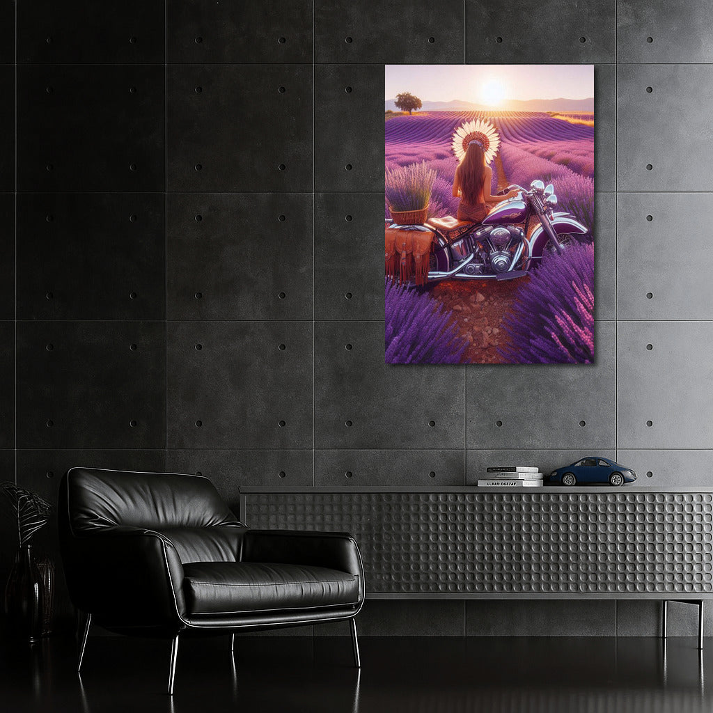 Lavender Horizons: Indian Motorcycle in Blooming Fields