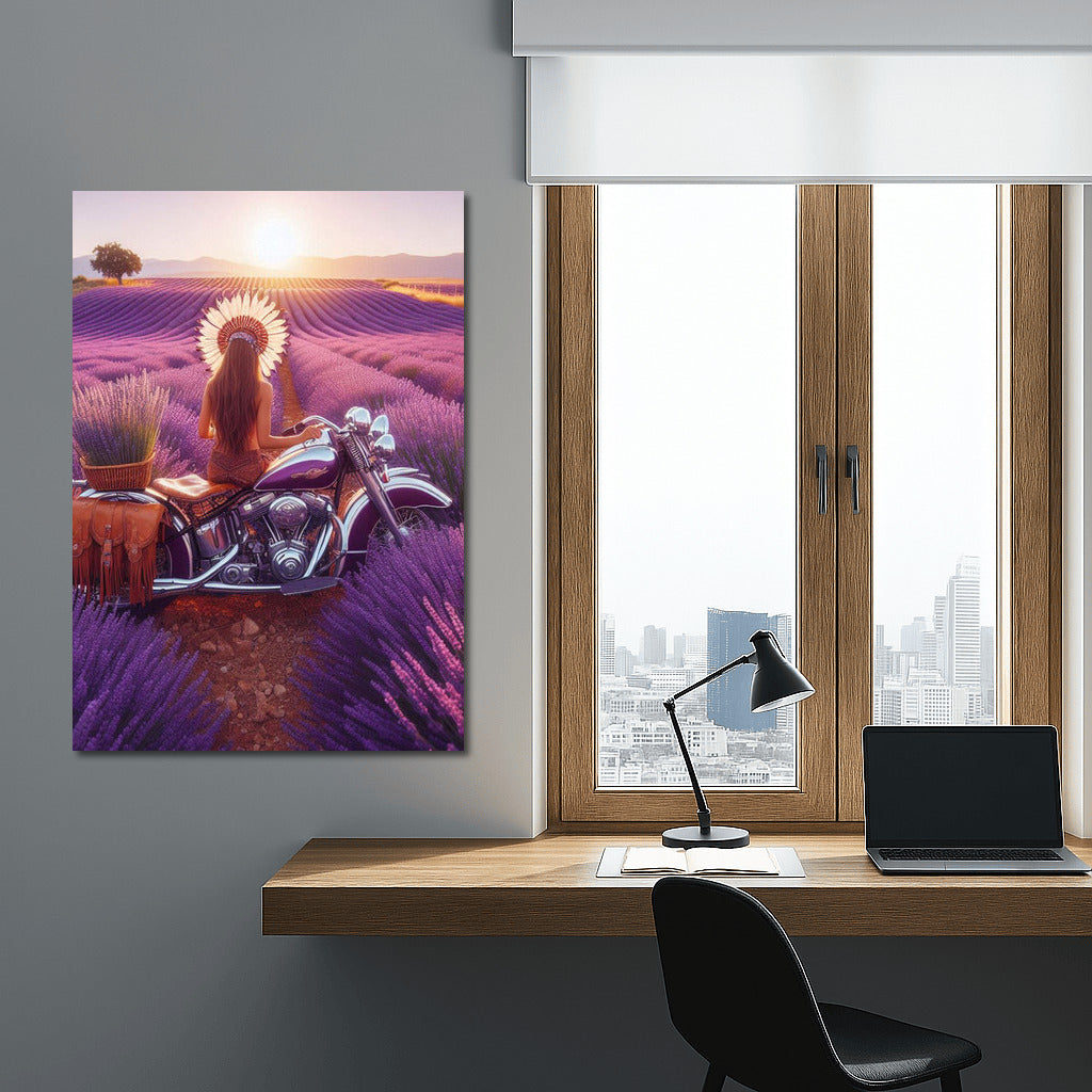 Lavender Horizons: Indian Motorcycle in Blooming Fields