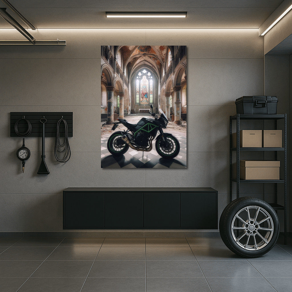 Kawasaki in the Shadow of the Forgotten Church: Motorcycle in the Abandoned Temple