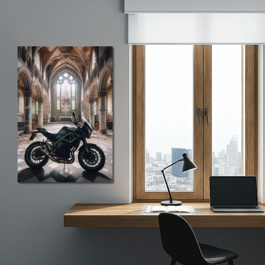 Kawasaki in the Shadow of the Forgotten Church: Motorcycle in the Abandoned Temple