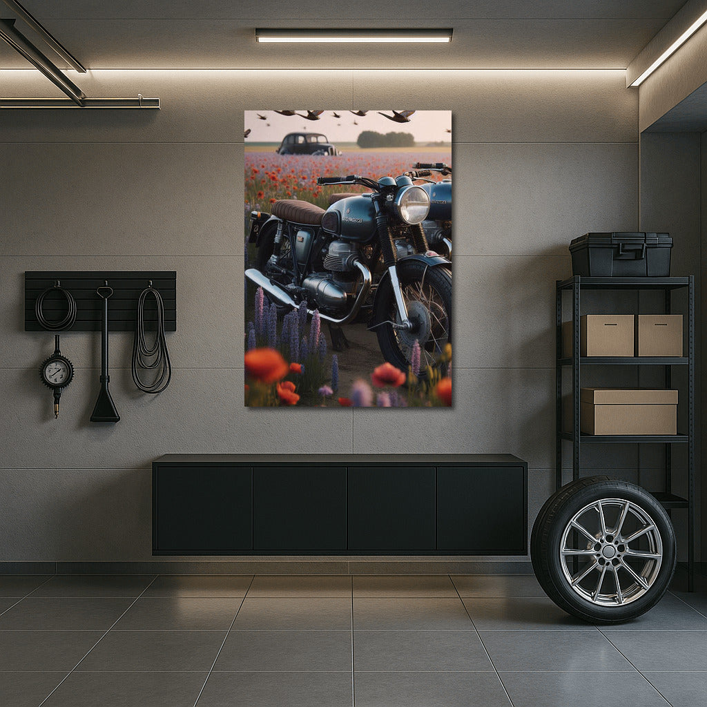 Romance at speed: Moto Guzzi in a flower field