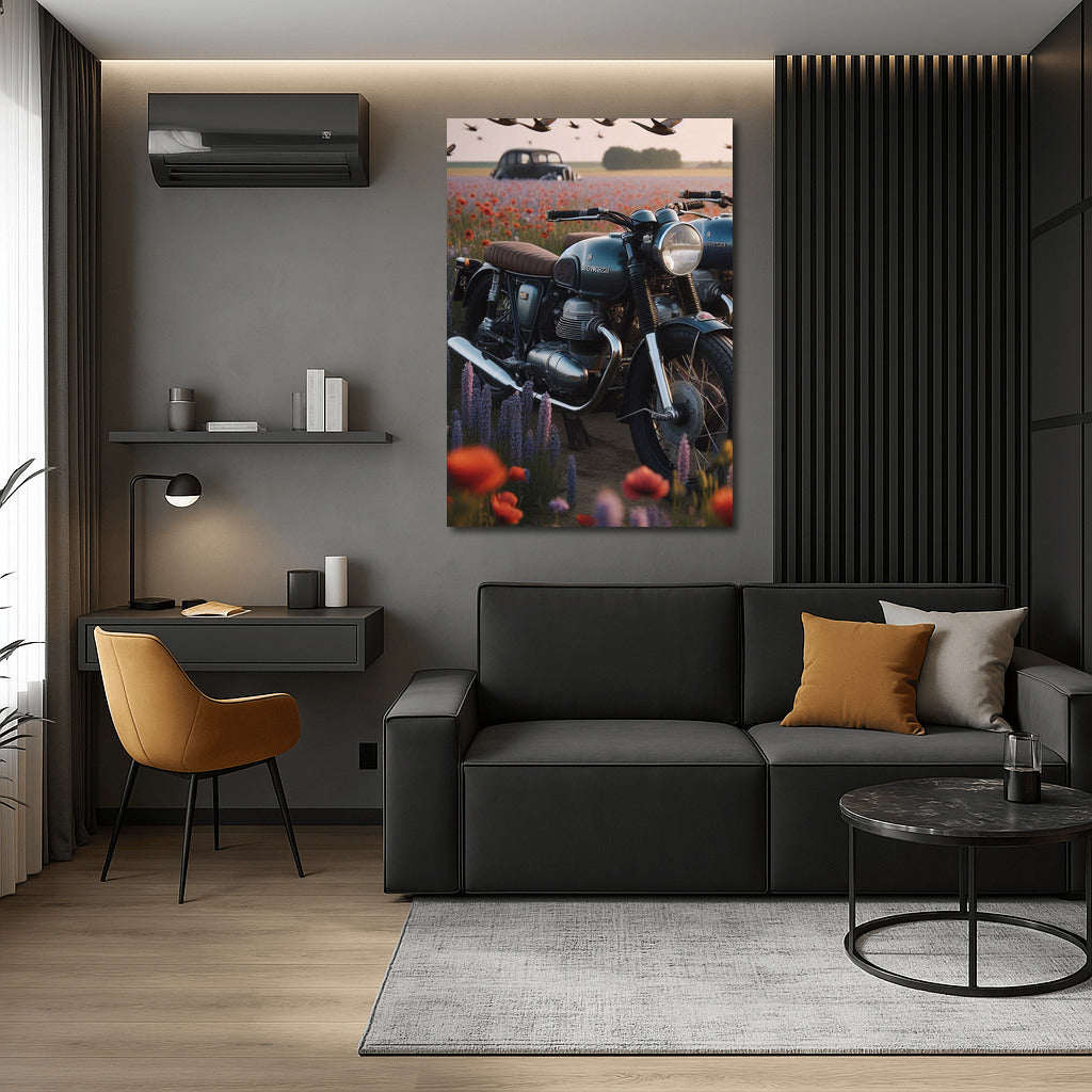 Romance at speed: Moto Guzzi in a flower field