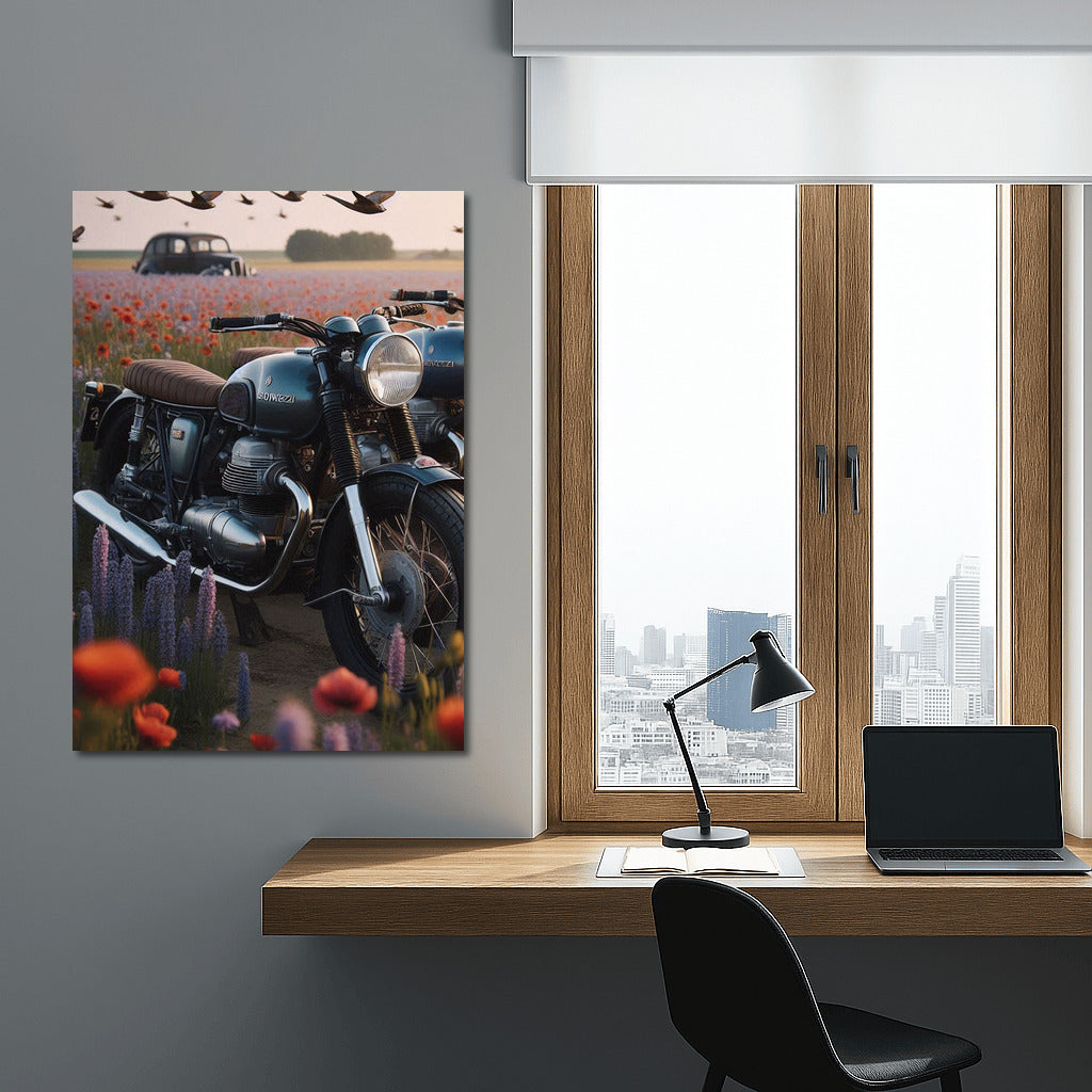 Romance at speed: Moto Guzzi in a flower field