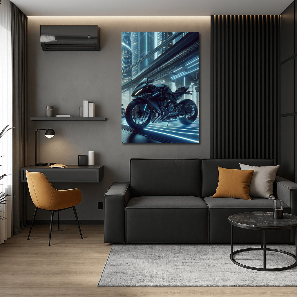 Yamaha in the Future's Glow: Motorcycle in the Futuristic City