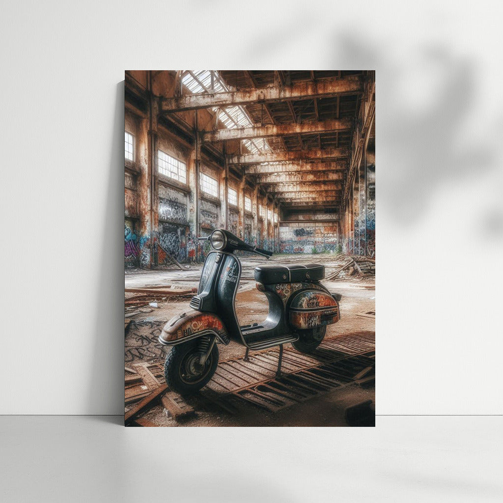 Nostalgia on Wheels: Scooter in an Abandoned Warehouse