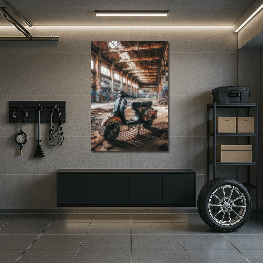 Nostalgia on Wheels: Scooter in an Abandoned Warehouse