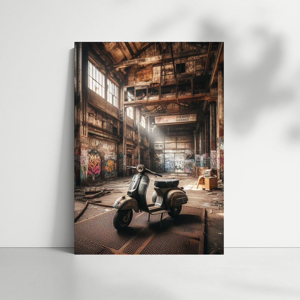 Vintage Scooter in Forgotten Warehouse: Stories on the Wall