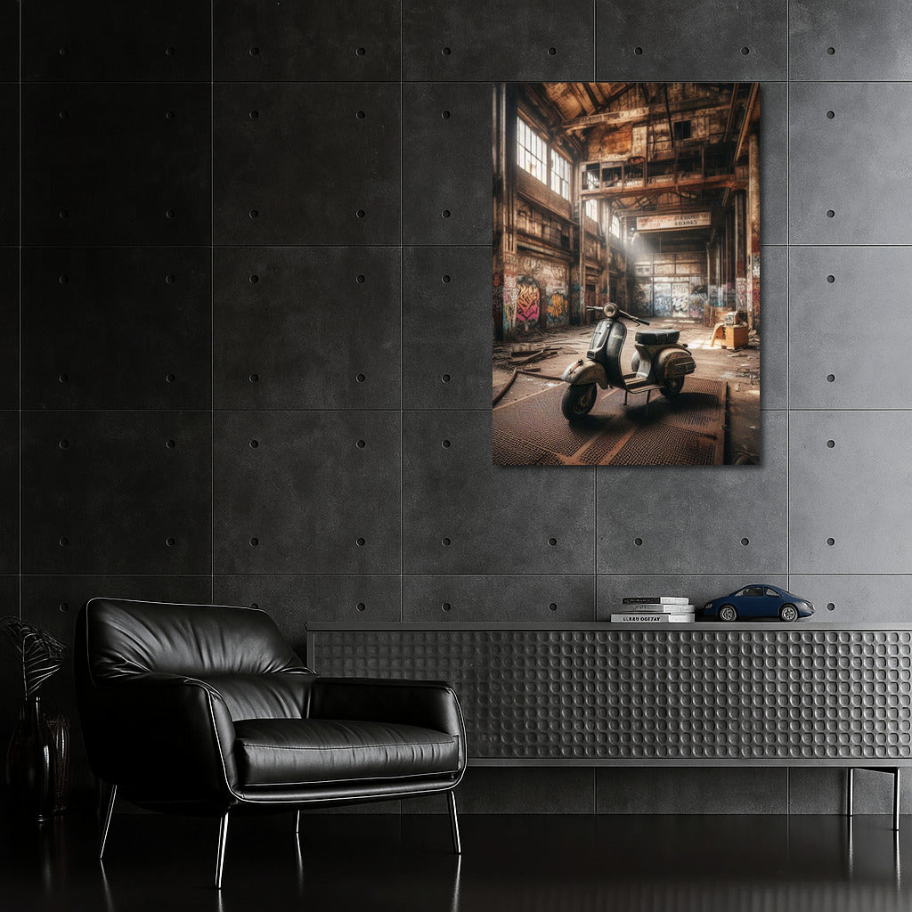 Vintage Scooter in Forgotten Warehouse: Stories on the Wall
