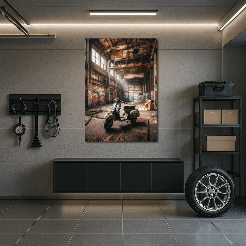 Vintage Scooter in Forgotten Warehouse: Stories on the Wall
