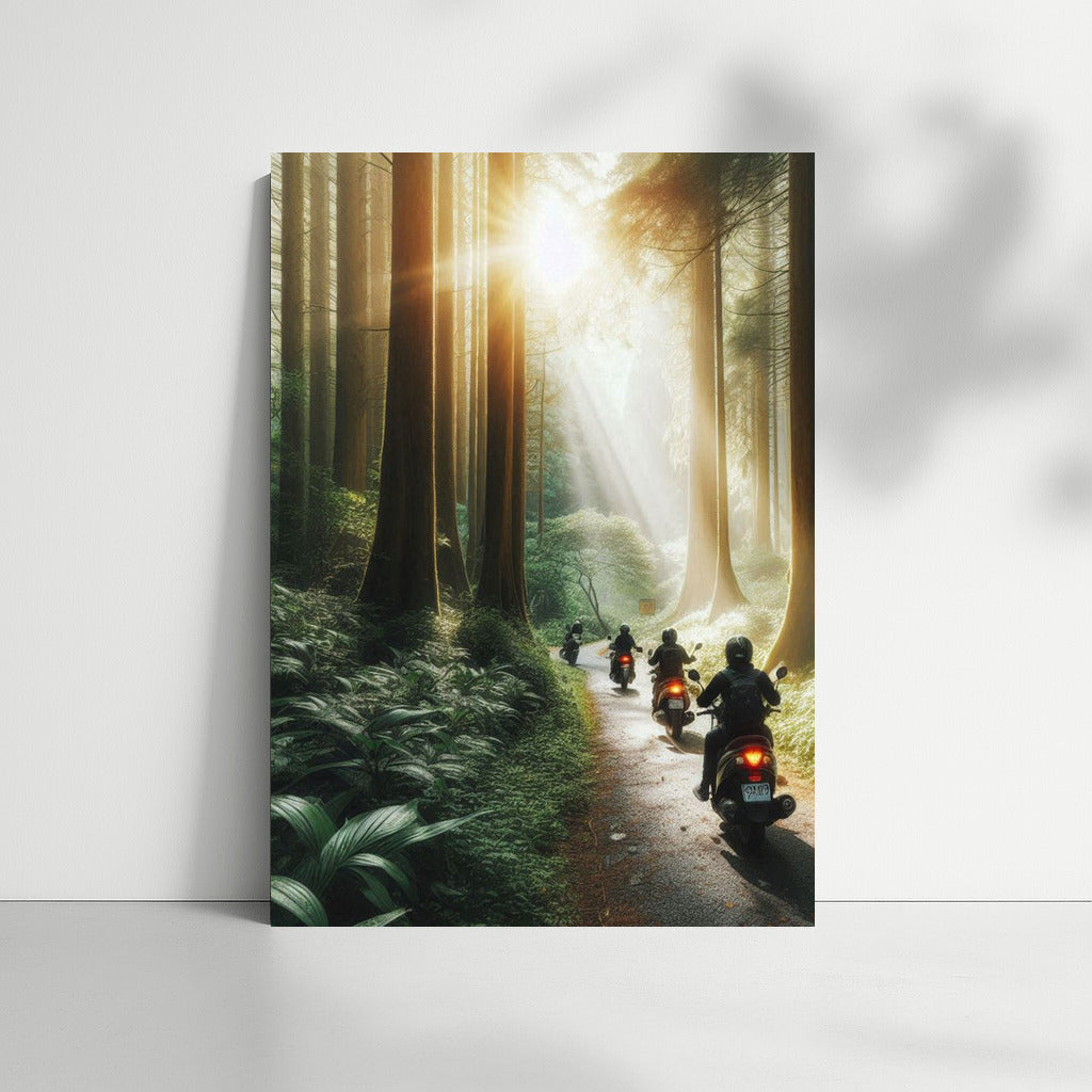 Scooters on a sunny forest trail