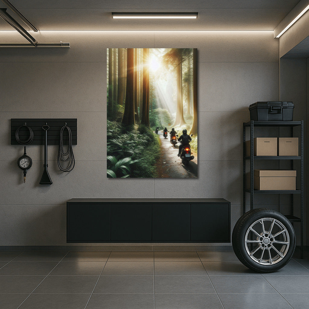 Scooters on a sunny forest trail
