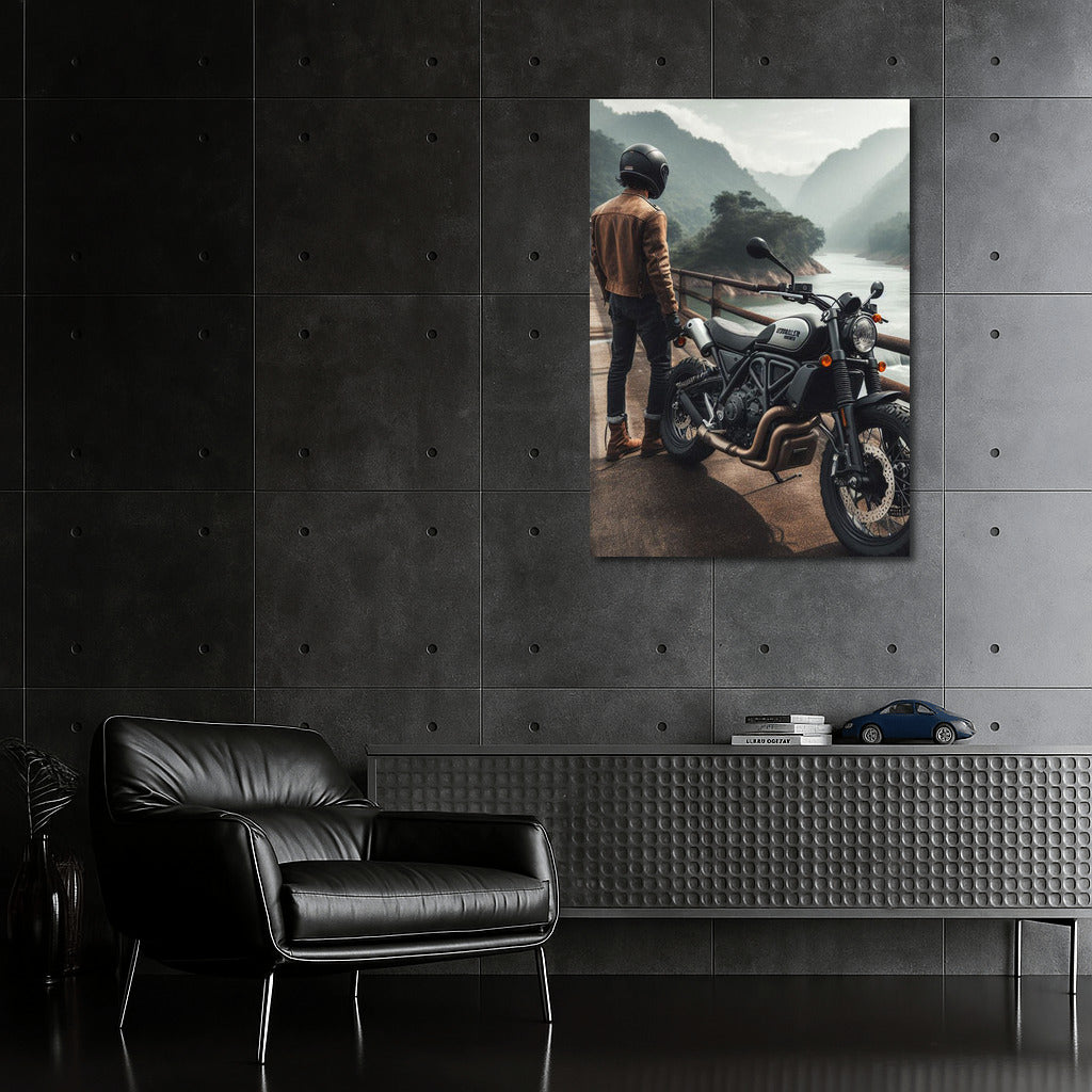 Freedom on Wheels: Scrambler on the Bridge between Mountains and River