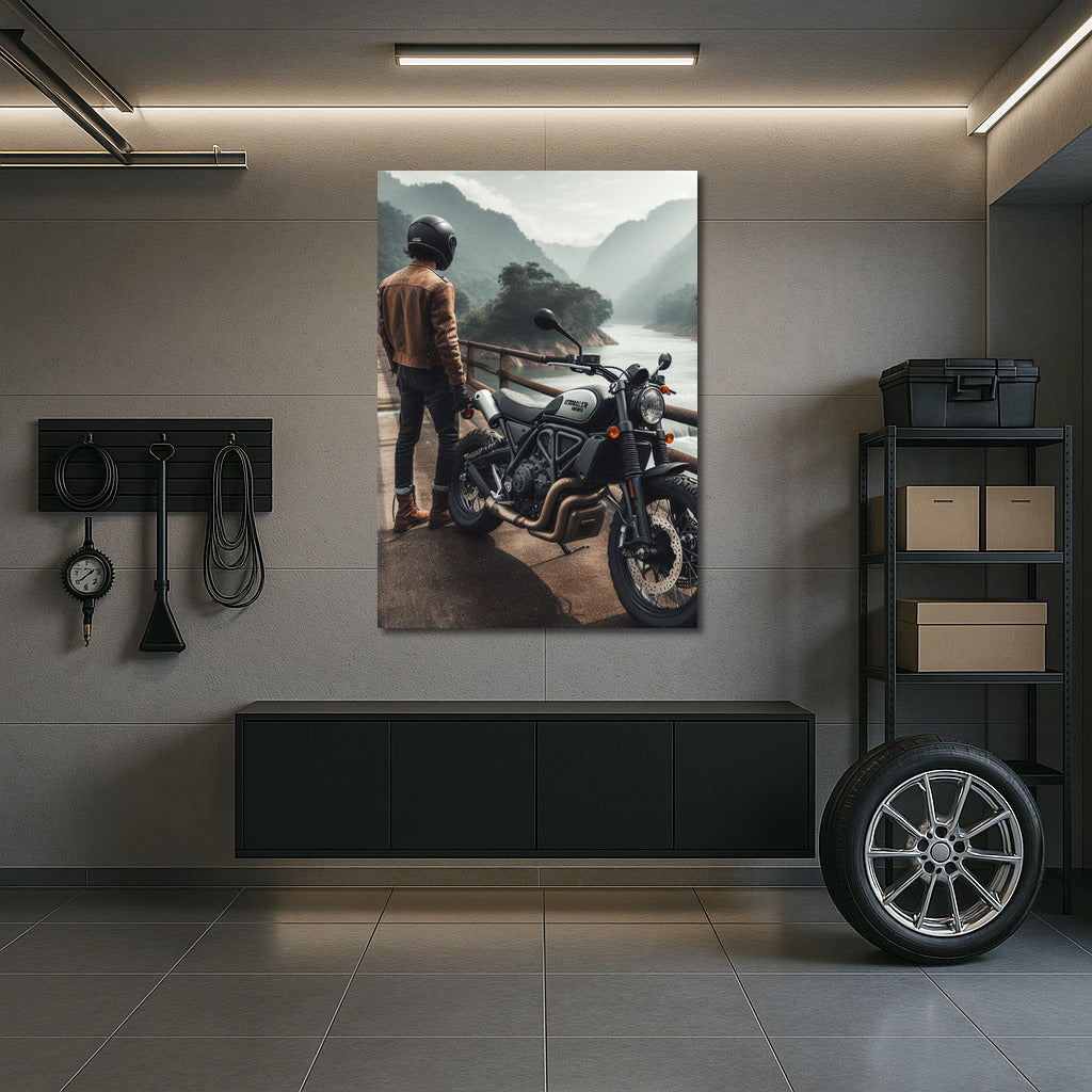 Freedom on Wheels: Scrambler on the Bridge between Mountains and River
