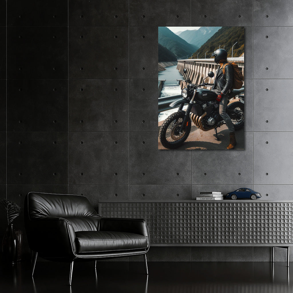 Biker on Scrambler at the Dam: Freedom and Adventure in the Landscape
