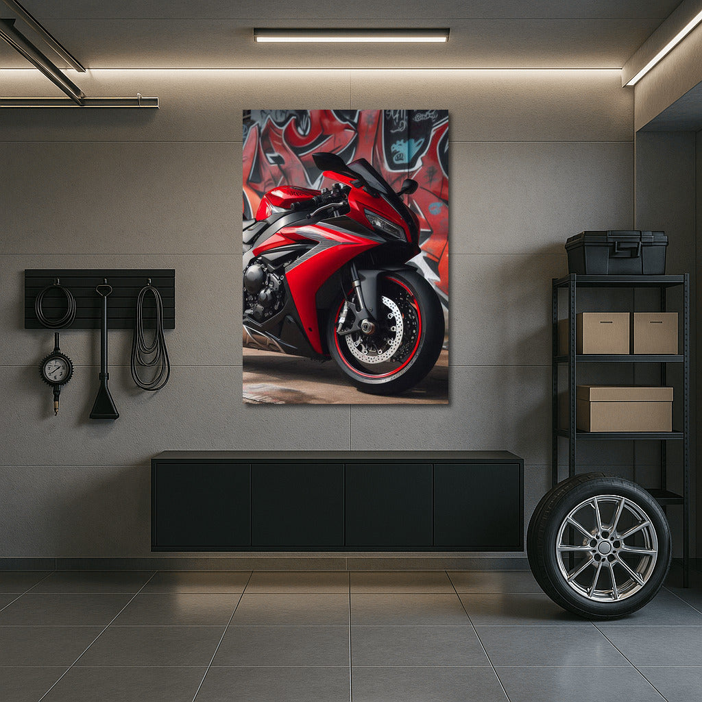 A bright sports bike against a graffiti background: speed and style in the urban jungle