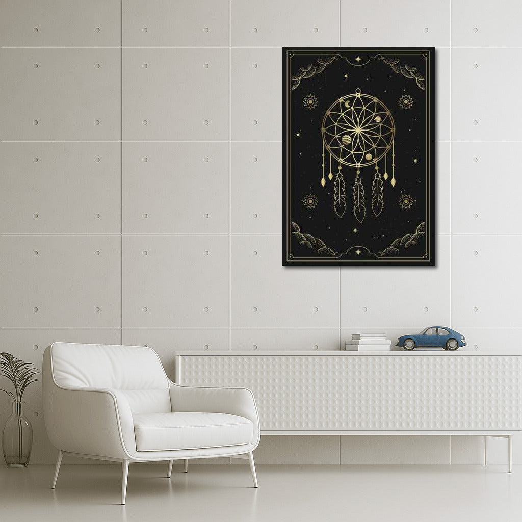 Golden Dreamcatcher on Black Background: Magic for Interior
