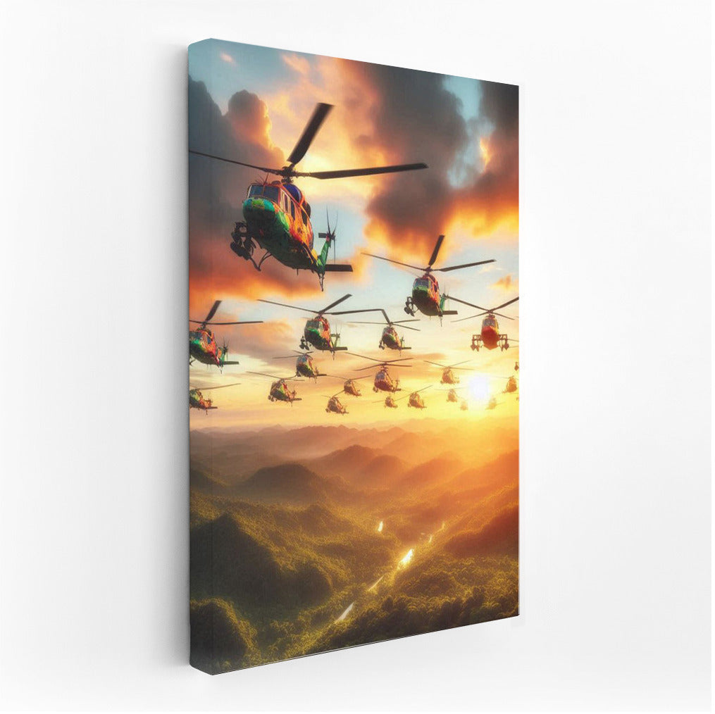 Sunset Assault: Helicopters Over the Forest
