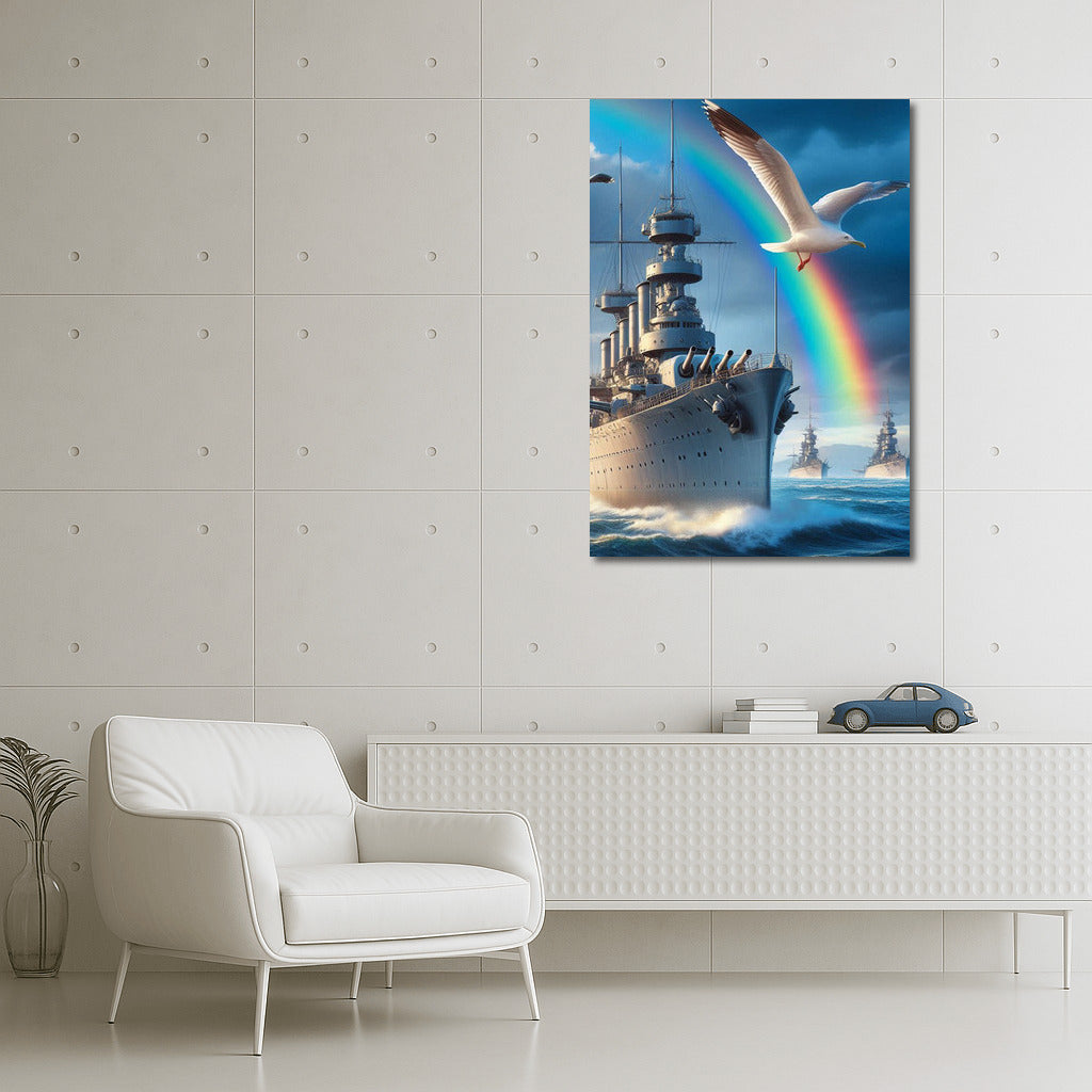 Naval Triumph: Battleships and Rainbow in the Ocean