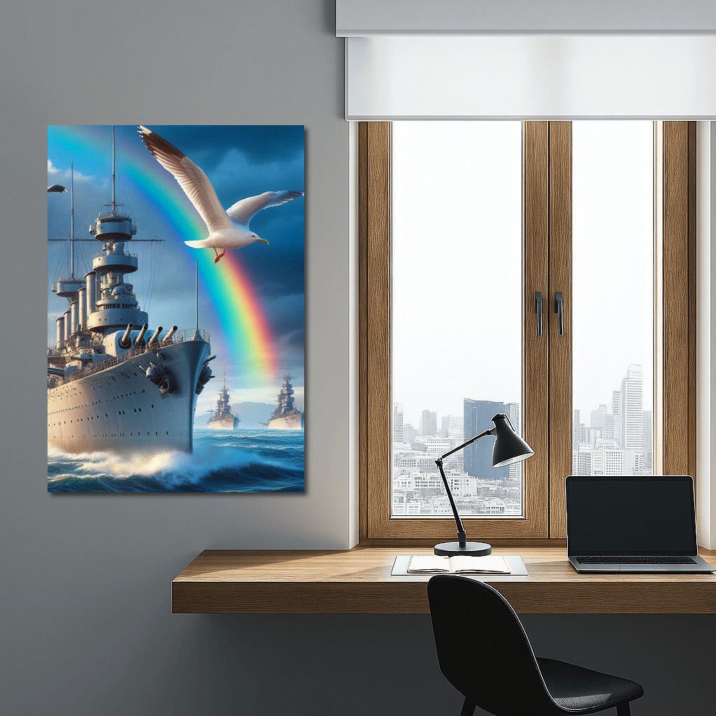 Naval Triumph: Battleships and Rainbow in the Ocean