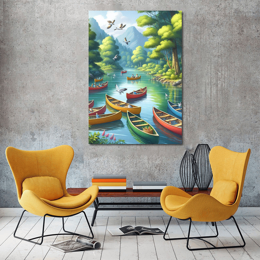 Canoeing on the River: Peace Among Green Hills and Birds