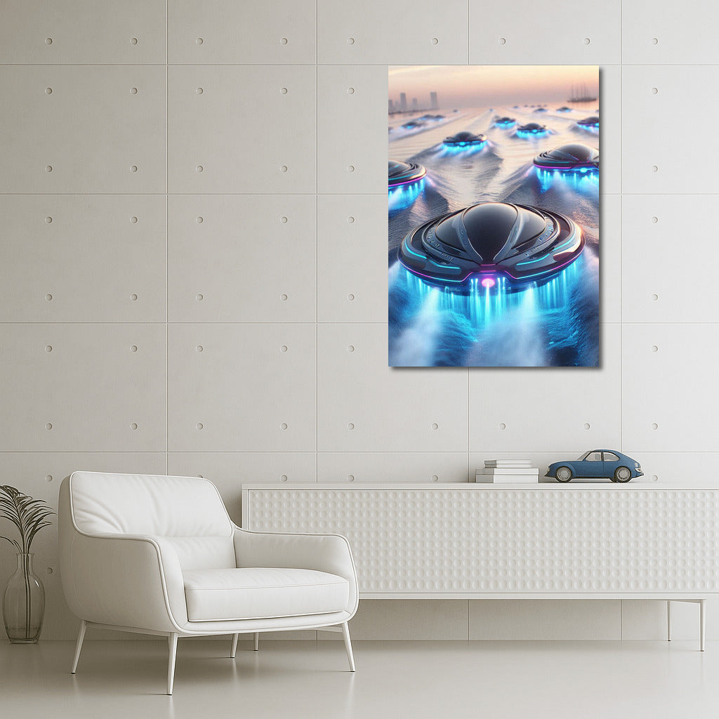 Futuristic Hovercrafts Sea: Gliding on the Waves