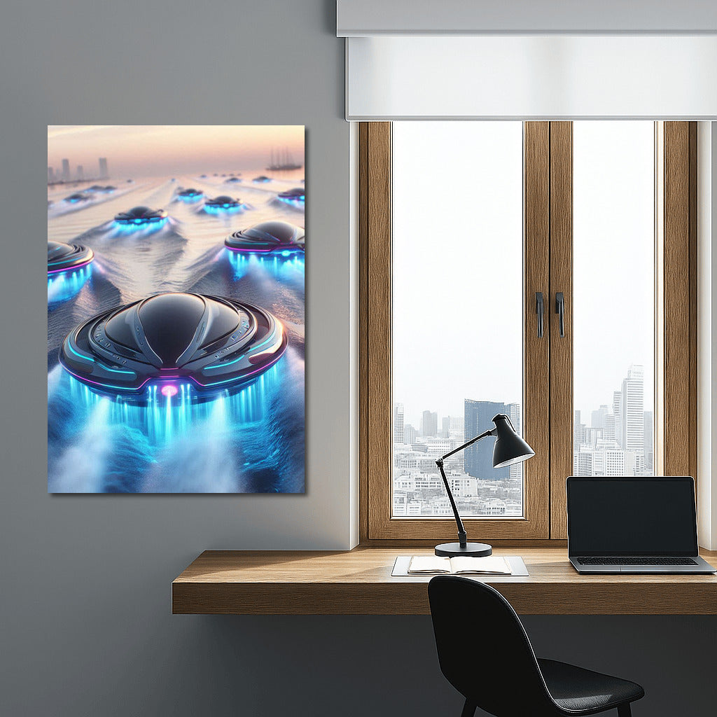 Futuristic Hovercrafts Sea: Gliding on the Waves