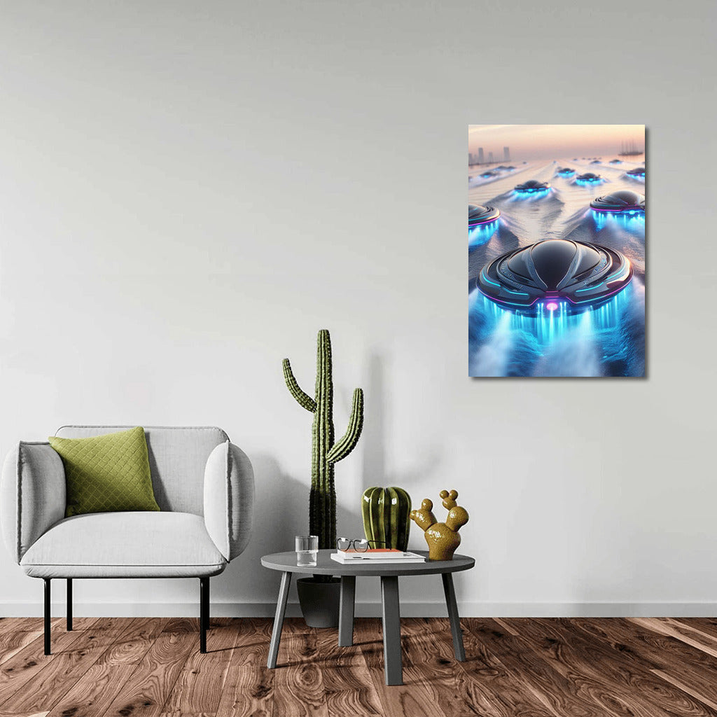 Futuristic Hovercrafts Sea: Gliding on the Waves