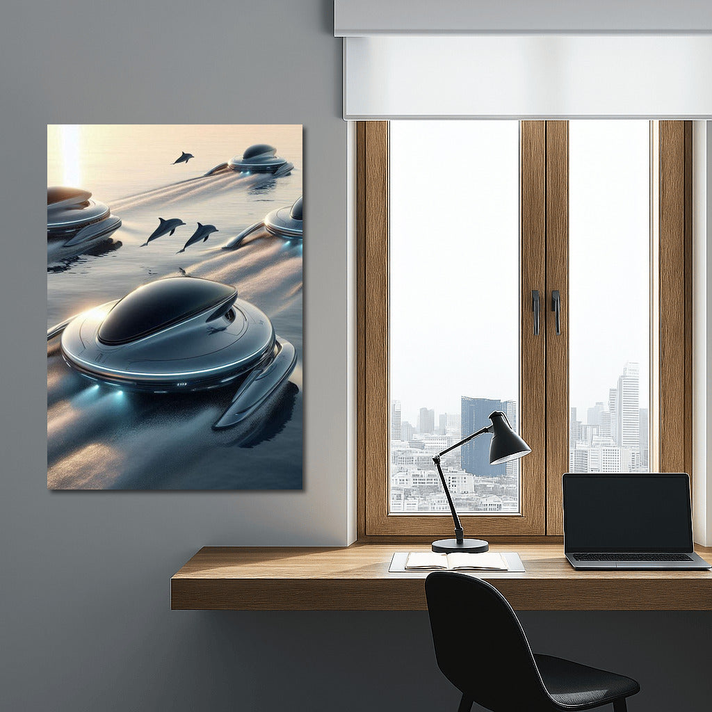 Soaring Hovercrafts and Playful Dolphins over the Ocean