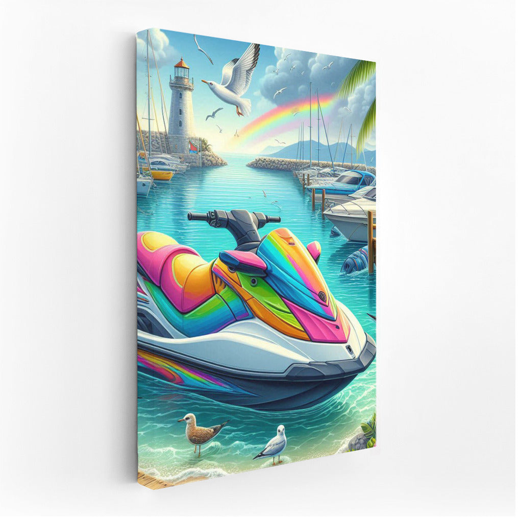Rainbow Jet Ski at the Harbor: A Refreshing Explosion of Color