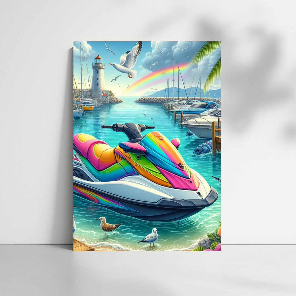 Rainbow Jet Ski at the Harbor: A Refreshing Explosion of Color
