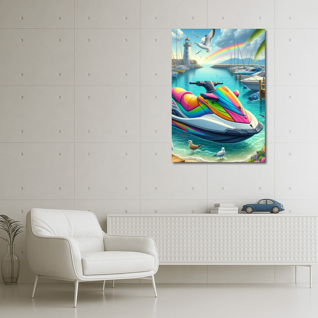 Rainbow Jet Ski at the Harbor: A Refreshing Explosion of Color