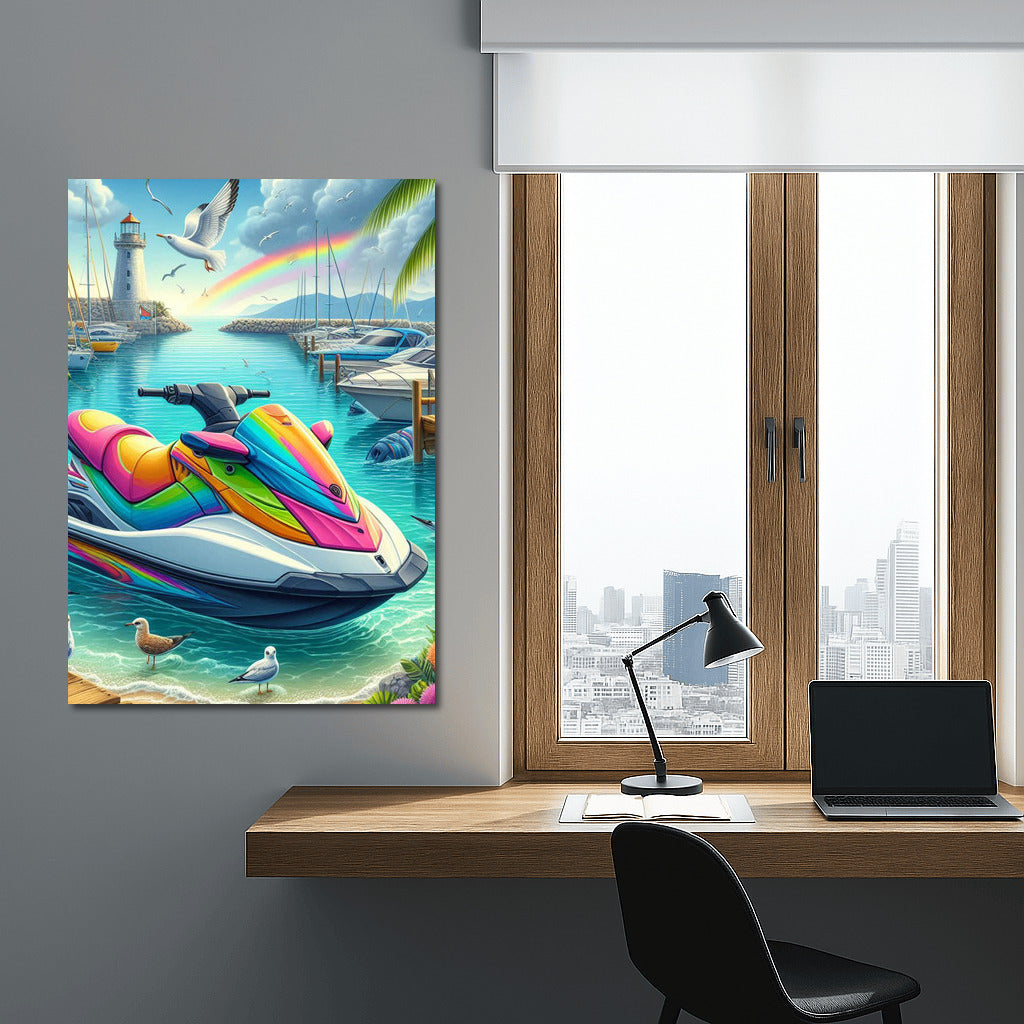 Rainbow Jet Ski at the Harbor: A Refreshing Explosion of Color