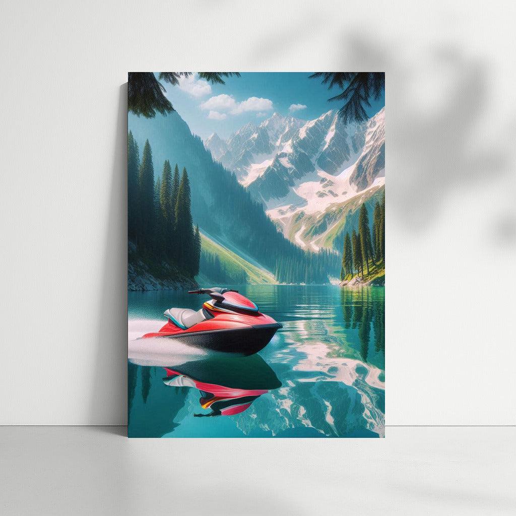 Jet Ski on Mirror Lake: Sunny Mountain Scenery