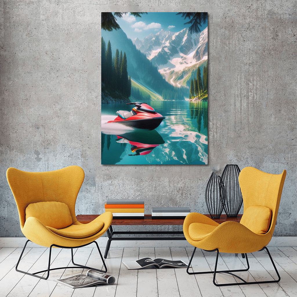 Jet Ski on Mirror Lake: Sunny Mountain Scenery