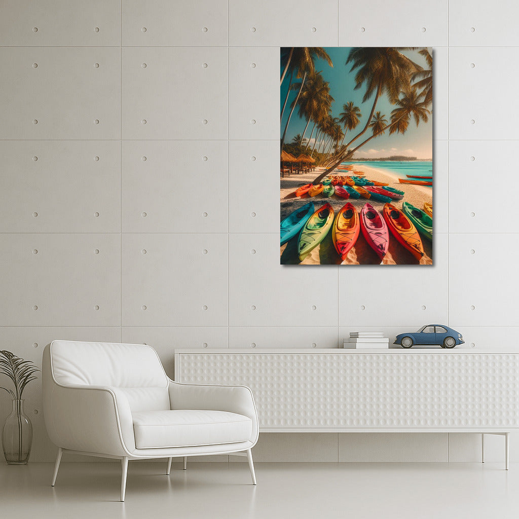 Tropical Beach: Bright Kayaks on Summer Beach
