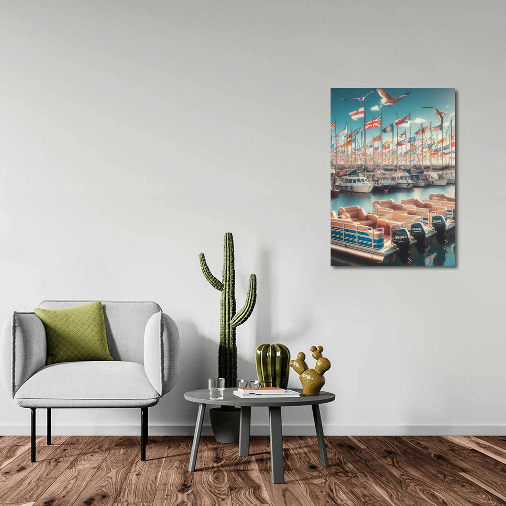 Pontoon Boats in the Harbor: Seascape with Seagulls and Waving Flags