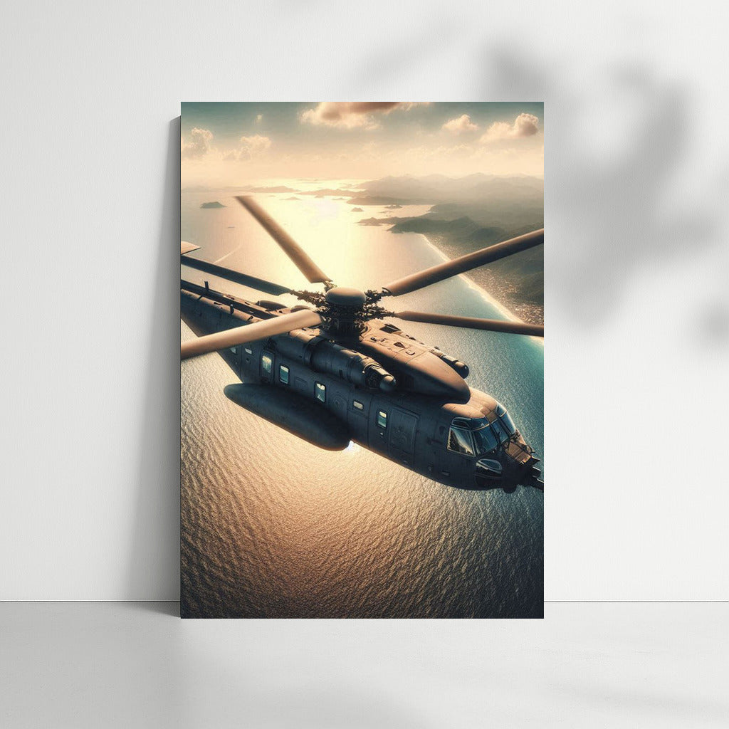 Sunset Flight: Reconnaissance Helicopter Over the Ocean